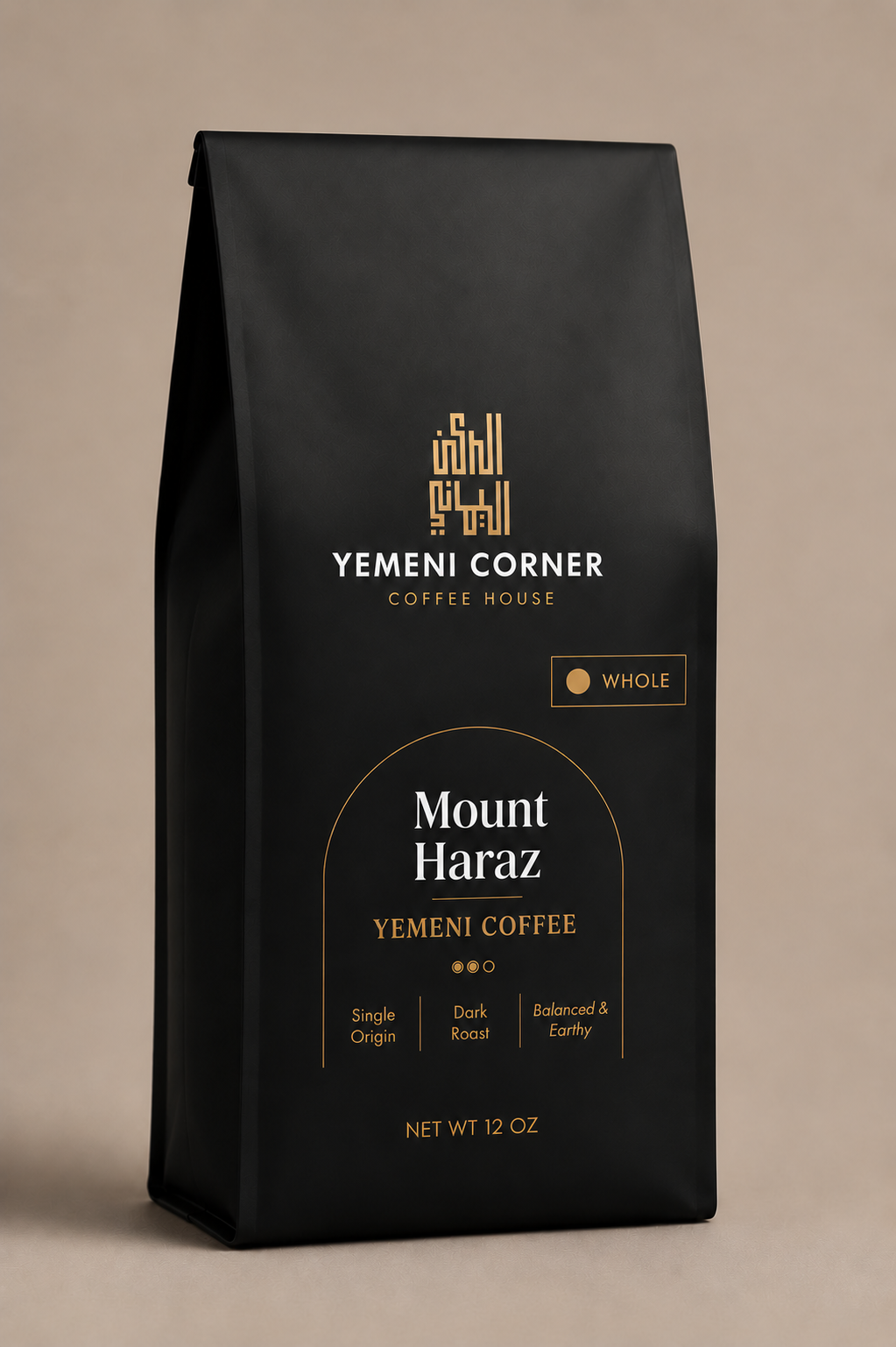 Yemeni Corner whole bean coffee in a black bag labelled Dark Roast and Net Wt 12 oz